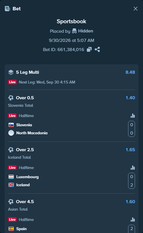 Bet slip: Slovenia - North Macedonia, $86,969.00 stake at 1.40 odds, placed by Hidden