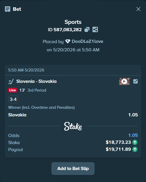 Bet slip: Slovenia - Slovakia, $18,792.00 stake at 1.05 odds, placed by DooDLeZ1love