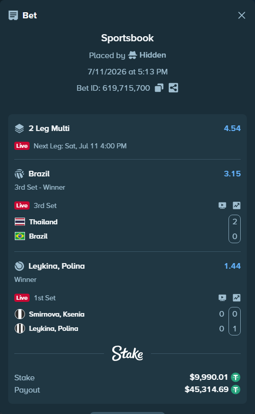 Bet slip: Smirnova, Ksenia - Leykina, Polina, $10,000.00 stake at 1.44 odds, placed by Hidden
