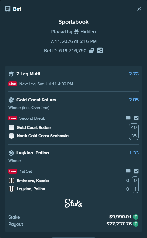 Bet slip: Smirnova, Ksenia - Leykina, Polina, $10,000.00 stake at 1.33 odds, placed by Hidden