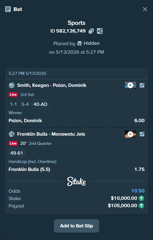 Bet slip: Smith, Keegan - Palan, Dominik, $10,000.00 stake at 6.00 odds, placed by Hidden