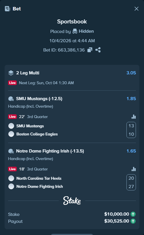 Bet slip: SMU Mustangs - Boston College Eagles, $10,000.00 stake at 1.85 odds, placed by Hidden