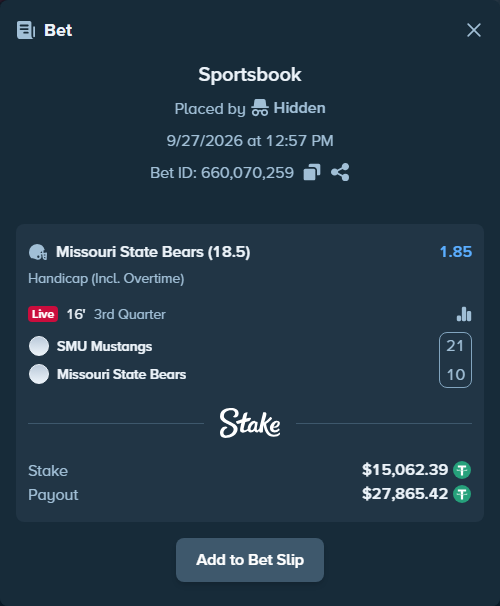 Bet slip: SMU Mustangs - Missouri State Bears, $15,062.39 stake at 1.85 odds, placed by Hidden