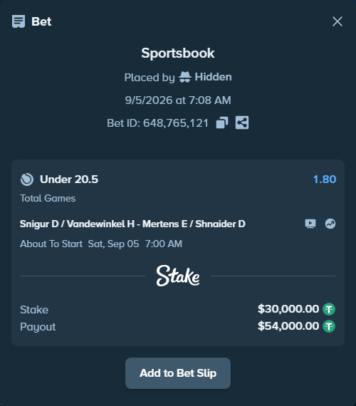 Bet slip: Snigur D / Vandewinkel H - Mertens E / Shnaider D, $29,991.00 stake at 1.80 odds, placed by Hidden