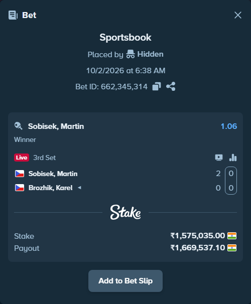 Bet slip: Sobisek, Martin - Brozik, Karel, $18,900.42 stake at 1.06 odds, placed by shiiivaniii