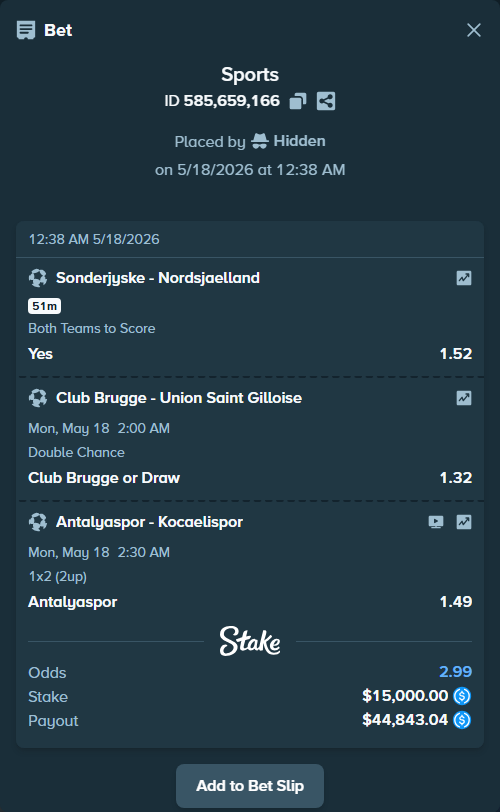 Bet slip: Soenderjyske - Nordsjaelland, $15,000.00 stake at 1.52 odds, placed by Hidden