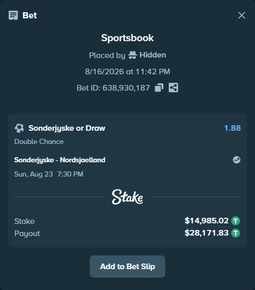 Bet slip: Soenderjyske - Nordsjaelland, $15,000.00 stake at 1.88 odds, placed by Hidden