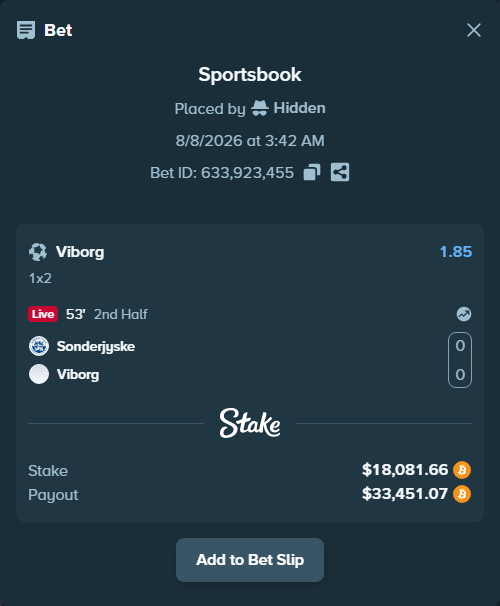 Bet slip: Soenderjyske - Viborg, $18,112.68 stake at 1.85 odds, placed by Hidden