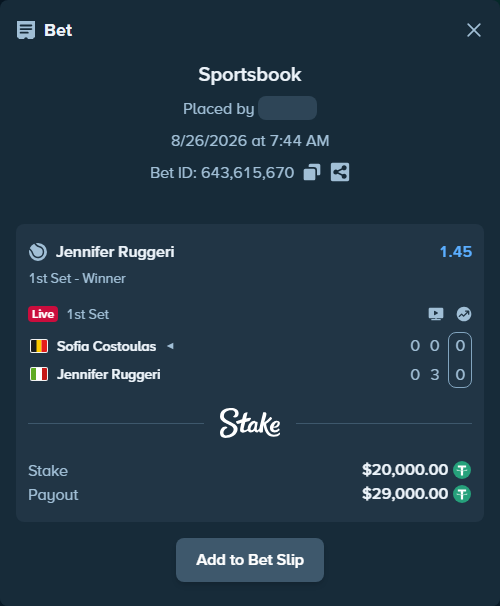 Bet slip: Sofia Costoulas - Jennifer Ruggeri, $20,000.00 stake at 1.45 odds, placed by Mishobg86