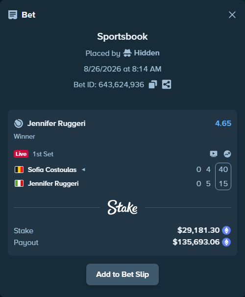 Bet slip: Sofia Costoulas - Jennifer Ruggeri, $29,077.74 stake at 4.65 odds, placed by Hidden