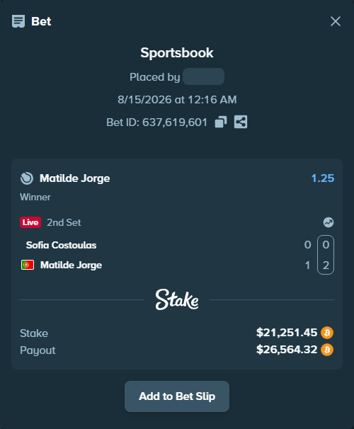 Bet slip: Sofia Costoulas - Matilde Jorge, $21,359.77 stake at 1.25 odds, placed by messrjaysr