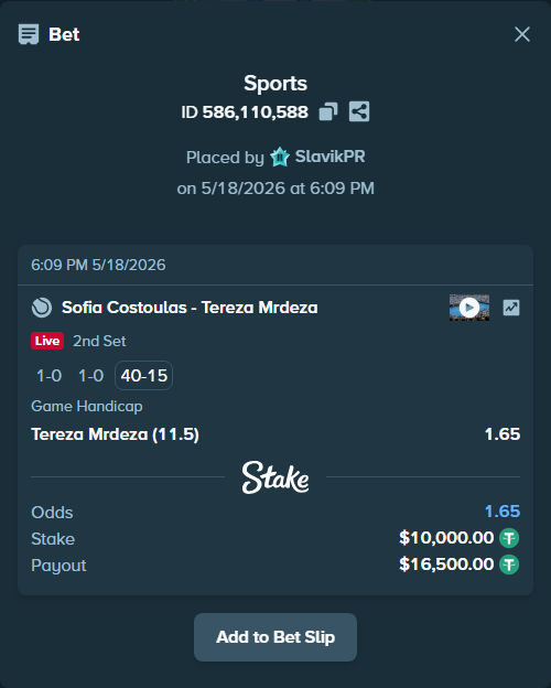 Bet slip: Sofia Costoulas - Mrdeza, Tereza, $10,000.00 stake at 1.65 odds, placed by SlavikPR