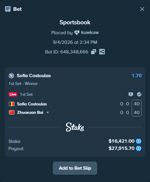 Bet slip: Sofia Costoulas - Zhuoxuan Bai, $16,421.00 stake at 1.70 odds, placed by kuwkuw