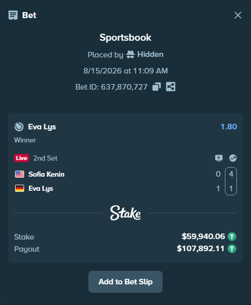 Bet slip: Sofia Kenin - Eva Lys, $60,000.00 stake at 1.80 odds, placed by Hidden