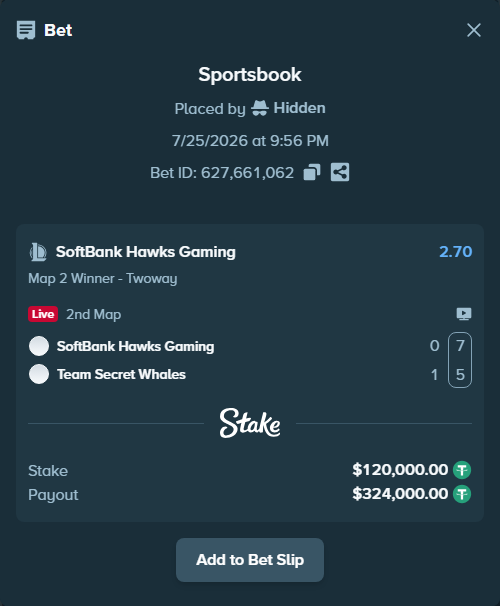 Bet slip: SoftBank Hawks Gaming - Team Secret Whales, $120,120.00 stake at 2.70 odds, placed by Hidden
