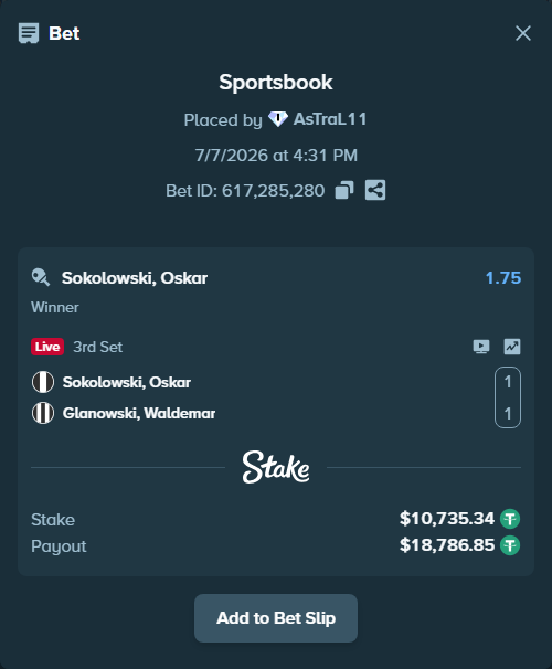 Bet slip: Sokolowski, Oskar - Glanowski, Waldemar, $10,746.08 stake at 1.75 odds, placed by AsTraL11