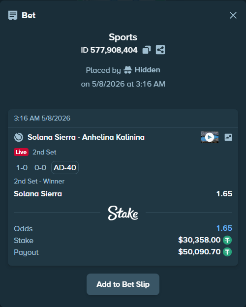 Bet slip: Solana Sierra - Anhelina Kalinina, $30,358.00 stake at 1.65 odds, placed by Hidden