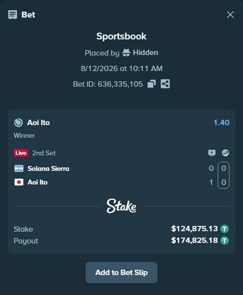 Bet slip: Solana Sierra - Aoi Ito, $125,000.00 stake at 1.40 odds, placed by Hidden