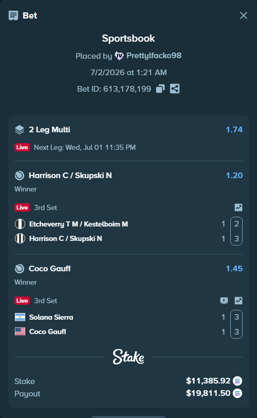 Bet slip: Solana Sierra - Coco Gauff, $12,094.12 stake at 1.45 odds, placed by Prettylfacko98