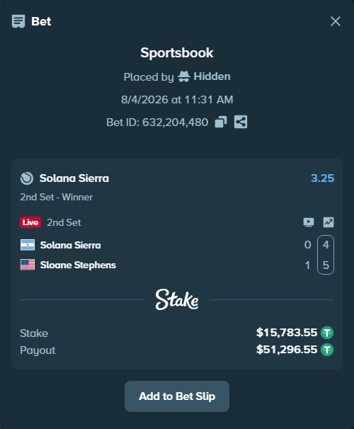 Bet slip: Solana Sierra - Sloane Stephens, $15,799.34 stake at 3.25 odds, placed by Hidden