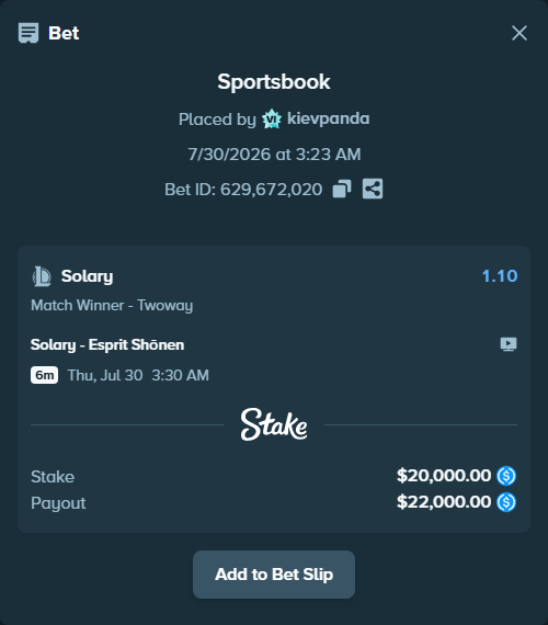 Bet slip: Solary - Esprit Shōnen, $20,000.00 stake at 1.10 odds, placed by kievpanda