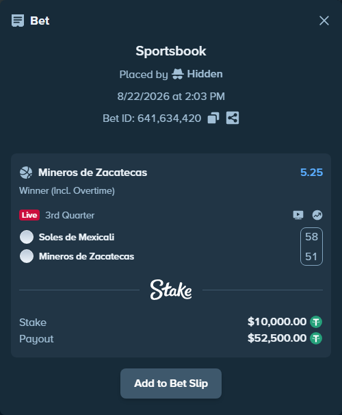 Bet slip: Soles de Mexicali - Mineros de Zacatecas, $10,000.00 stake at 5.25 odds, placed by Hidden