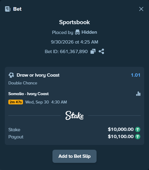 Bet slip: Somalia - Ivory Coast, $10,000.00 stake at 1.01 odds, placed by korehato