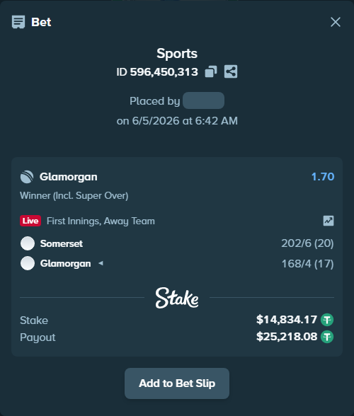 Bet slip: Somerset - Glamorgan, $14,849.00 stake at 1.70 odds, placed by Riot121