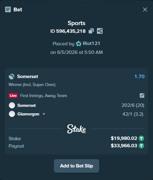 Bet slip: Somerset - Glamorgan, $20,000.00 stake at 1.70 odds, placed by Riot121