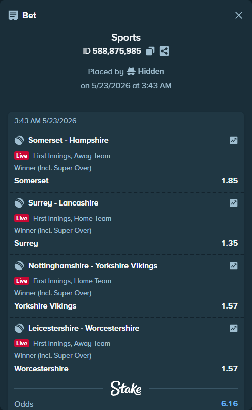 Bet slip: Somerset - Hampshire, $10,000.00 stake at 1.85 odds, placed by Hidden