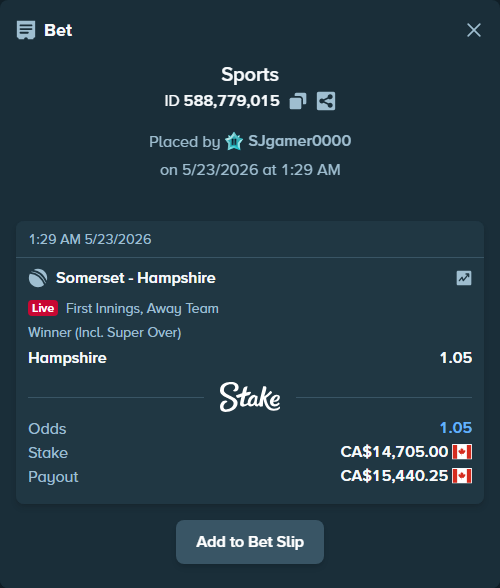 Bet slip: Somerset - Hampshire, $10,881.70 stake at 1.05 odds, placed by SJgamer0000