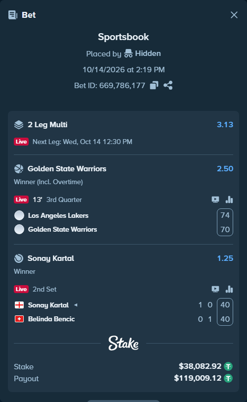 Bet slip: Sonay Kartal - Belinda Bencic, $38,121.00 stake at 1.25 odds, placed by Hidden