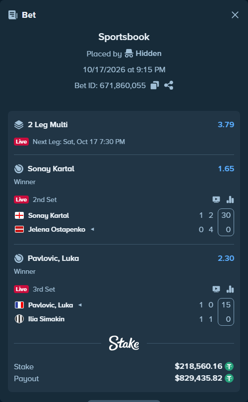Bet slip: Sonay Kartal - Jelena Ostapenko, $218,778.72 stake at 1.65 odds, placed by Hidden