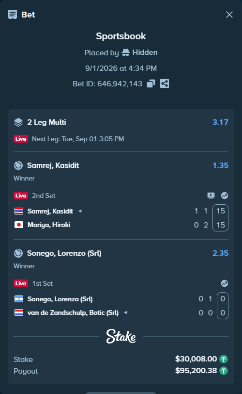 Bet slip: Sonego, Lorenzo (Srl) - Van de Zandschulp, Botic (Srl), $30,008.00 stake at 2.35 odds, placed by Hidden
