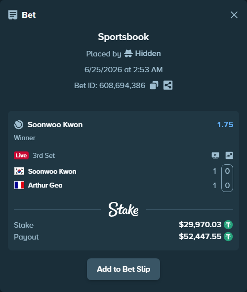 Bet slip: Soonwoo Kwon - Arthur Gea, $30,000.00 stake at 1.75 odds, placed by Hidden