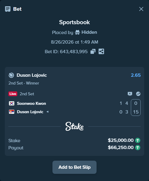 Bet slip: Soonwoo Kwon - Dusan Lajovic, $25,000.00 stake at 2.65 odds, placed by Hidden