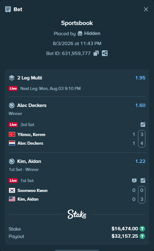Bet slip: Soonwoo Kwon - Kim, Aidan, $16,490.47 stake at 1.22 odds, placed by Hidden