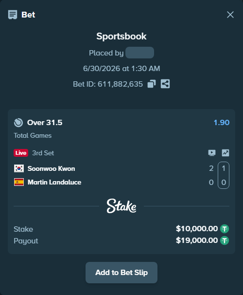 Bet slip: Soonwoo Kwon - Martin Landaluce, $10,020.00 stake at 1.90 odds, placed by zhanjinkun