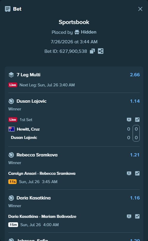 Bet slip: Soonwoo Kwon - Rubio Fierros, Alan Fernando, $100,000.00 stake at 1.04 odds, placed by Hidden