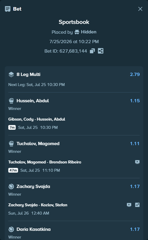 Bet slip: Soonwoo Kwon - Rubio Fierros, Alan Fernando, $100,100.00 stake at 1.05 odds, placed by Hidden