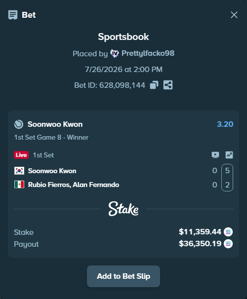 Bet slip: Soonwoo Kwon - Rubio Fierros, Alan Fernando, $11,020.29 stake at 3.20 odds, placed by Prettylfacko98