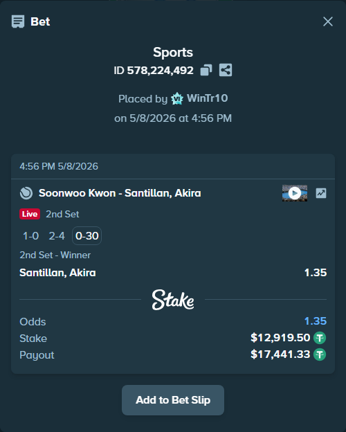 Bet slip: Soonwoo Kwon - Santillan, Akira, $12,919.50 stake at 1.35 odds, placed by WinTr10