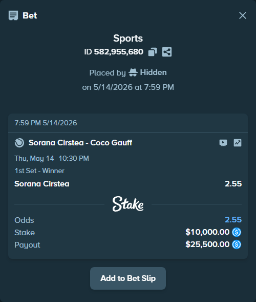 Bet slip: Sorana Cirstea - Coco Gauff, $10,000.00 stake at 2.55 odds, placed by Hidden