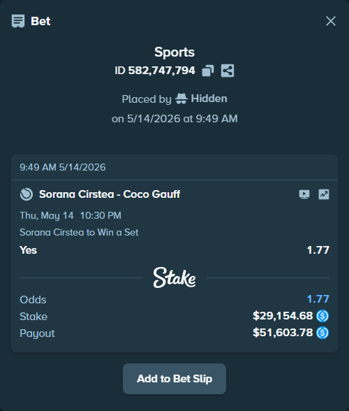 Bet slip: Sorana Cirstea - Coco Gauff, $29,154.68 stake at 1.77 odds, placed by Hidden
