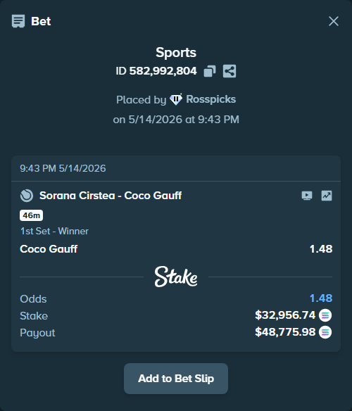 Bet slip: Sorana Cirstea - Coco Gauff, $26,604.16 stake at 1.48 odds, placed by Rosspicks