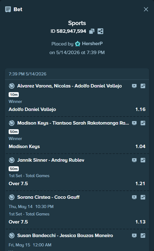 Bet slip: Sorana Cirstea - Coco Gauff, $40,000.00 stake at 1.13 odds, placed by HersherP