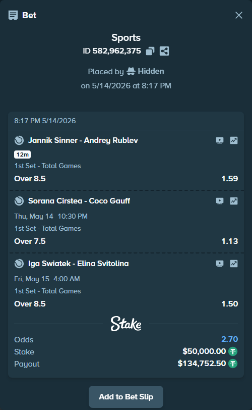 Bet slip: Sorana Cirstea - Coco Gauff, $50,000.00 stake at 1.13 odds, placed by Hidden