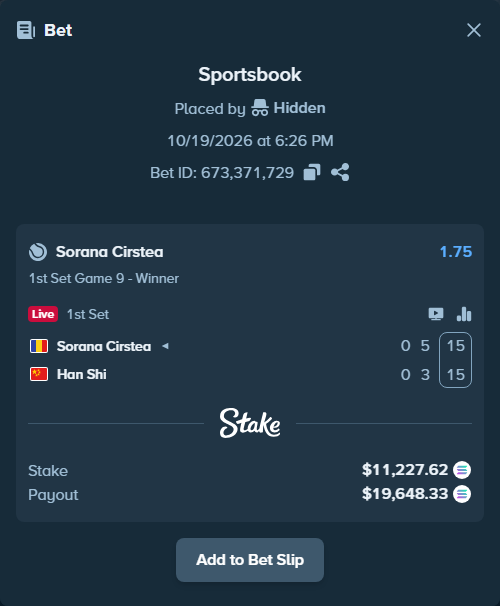 Bet slip: Sorana Cirstea - Han Shi, $11,212.97 stake at 1.75 odds, placed by Hidden