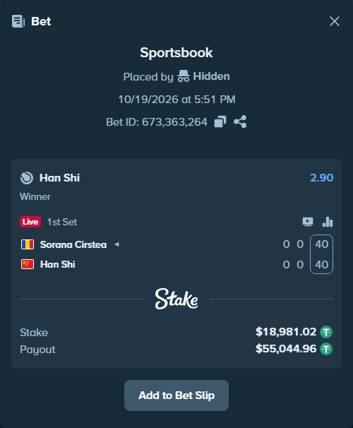 Bet slip: Sorana Cirstea - Han Shi, $19,000.00 stake at 2.90 odds, placed by Hidden