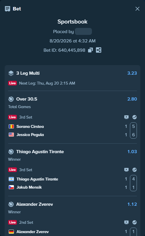 Bet slip: Sorana Cirstea - Jessica Pegula, $10,000.00 stake at 2.80 odds, placed by kuwkuw